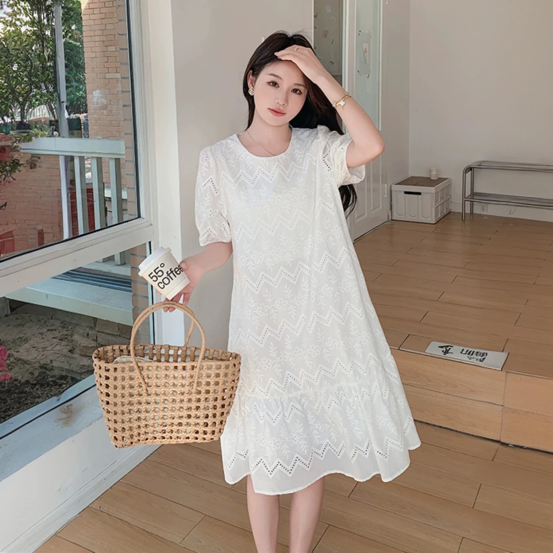 白色法式连衣裙女夏季2025新款茶歇风甜美休闲减龄宽松网红鱼尾裙