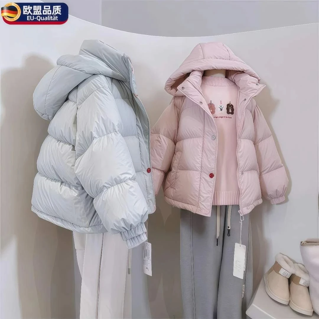 秋冬季新品女童中大童韩版2025时尚连帽彩色纽扣宽松保暖羽绒棉服