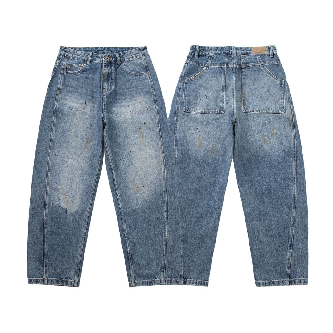 UY-磨破做旧漆点结构牛仔裤阔腿裤子2228