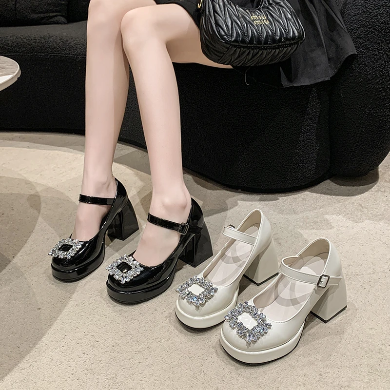OJRZ法式复古玛丽珍鞋女2025夏季新款一字带高跟鞋配裙子水钻单鞋