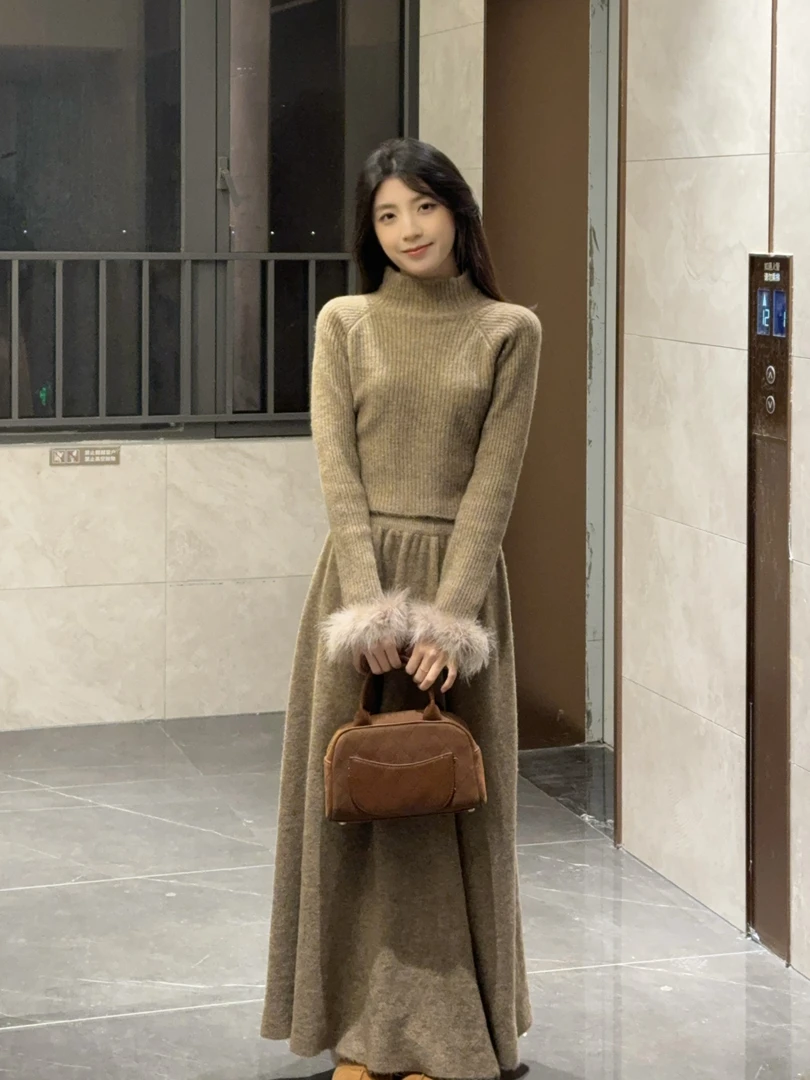 9021毛毛袖一整套ootd穿搭新款时尚半身裙潮