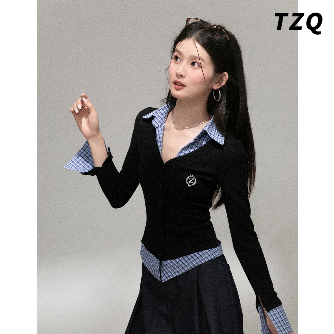 韩系假两件polo领长袖t恤女秋季修身独特气质内搭上衣TZQ2582764