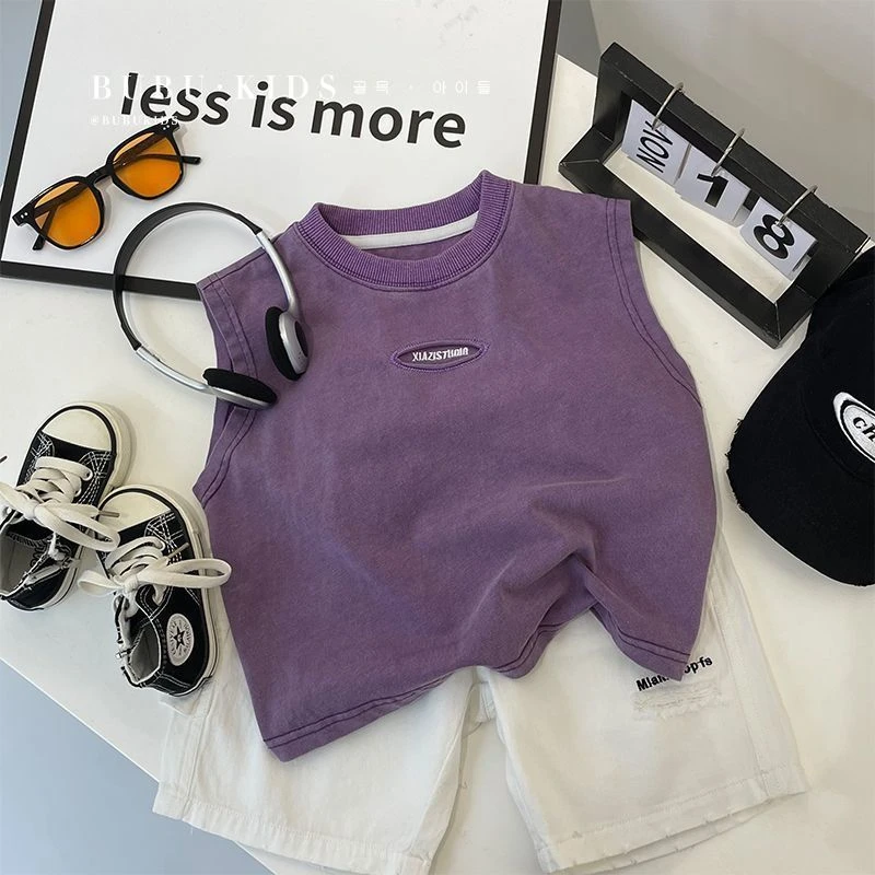 男宝宝韩版字母背心2025夏装新款女童圆领无袖打底衫儿童百搭上衣