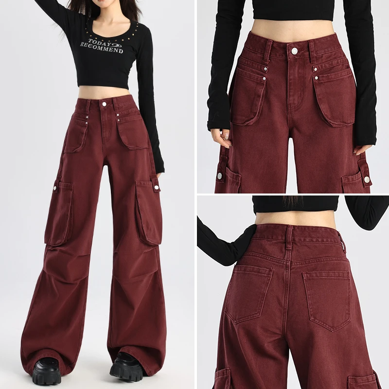 安可拉红工装牛仔裤女春季女装2025年新款美式宽松显瘦休闲阔腿裤