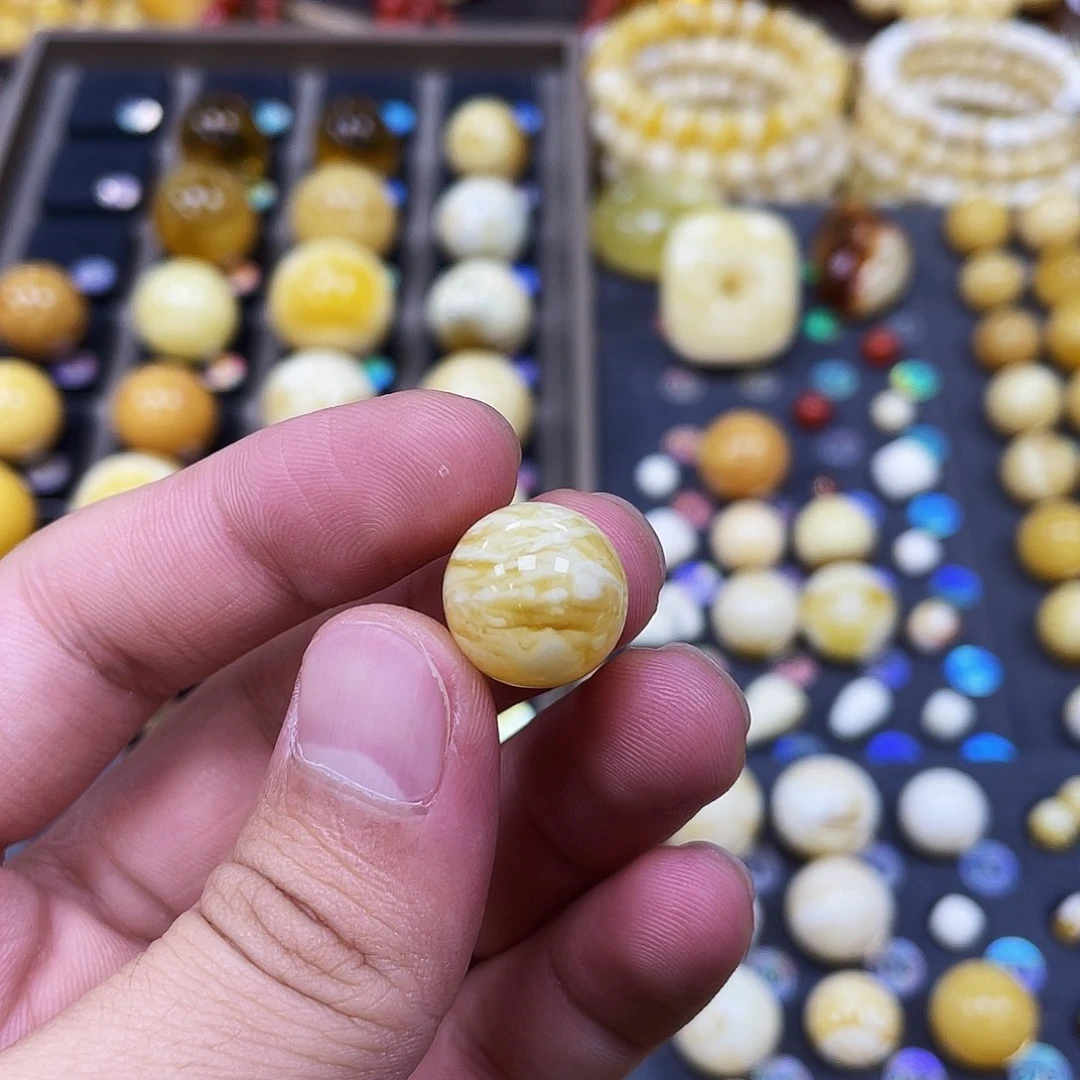 未镶嵌蜜蜡珠宝奇石14.4mm瑕疵花粉款｜黄白虎皮蜡·椭圆