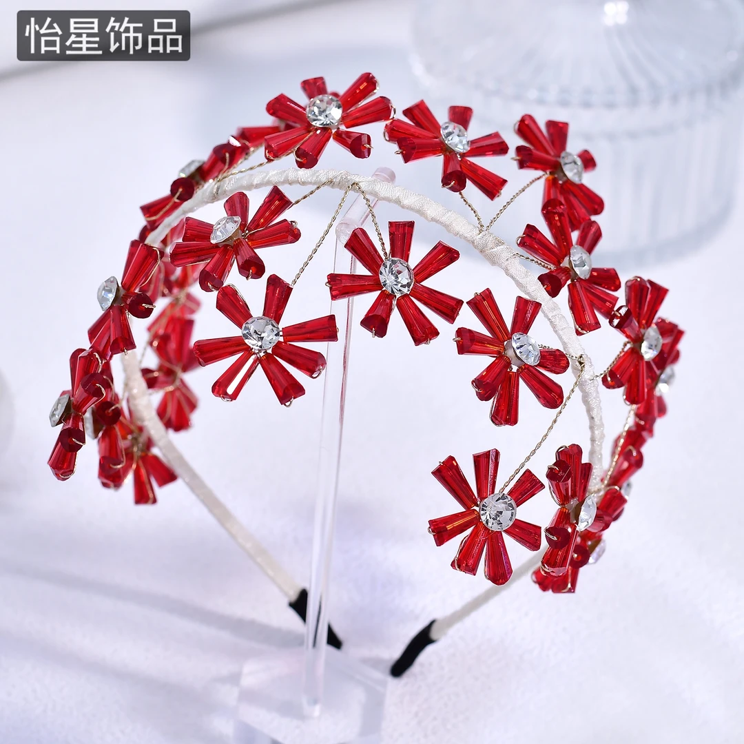 怡星红色水晶发箍压发发卡手工编织发饰短发过渡期专用头饰A404