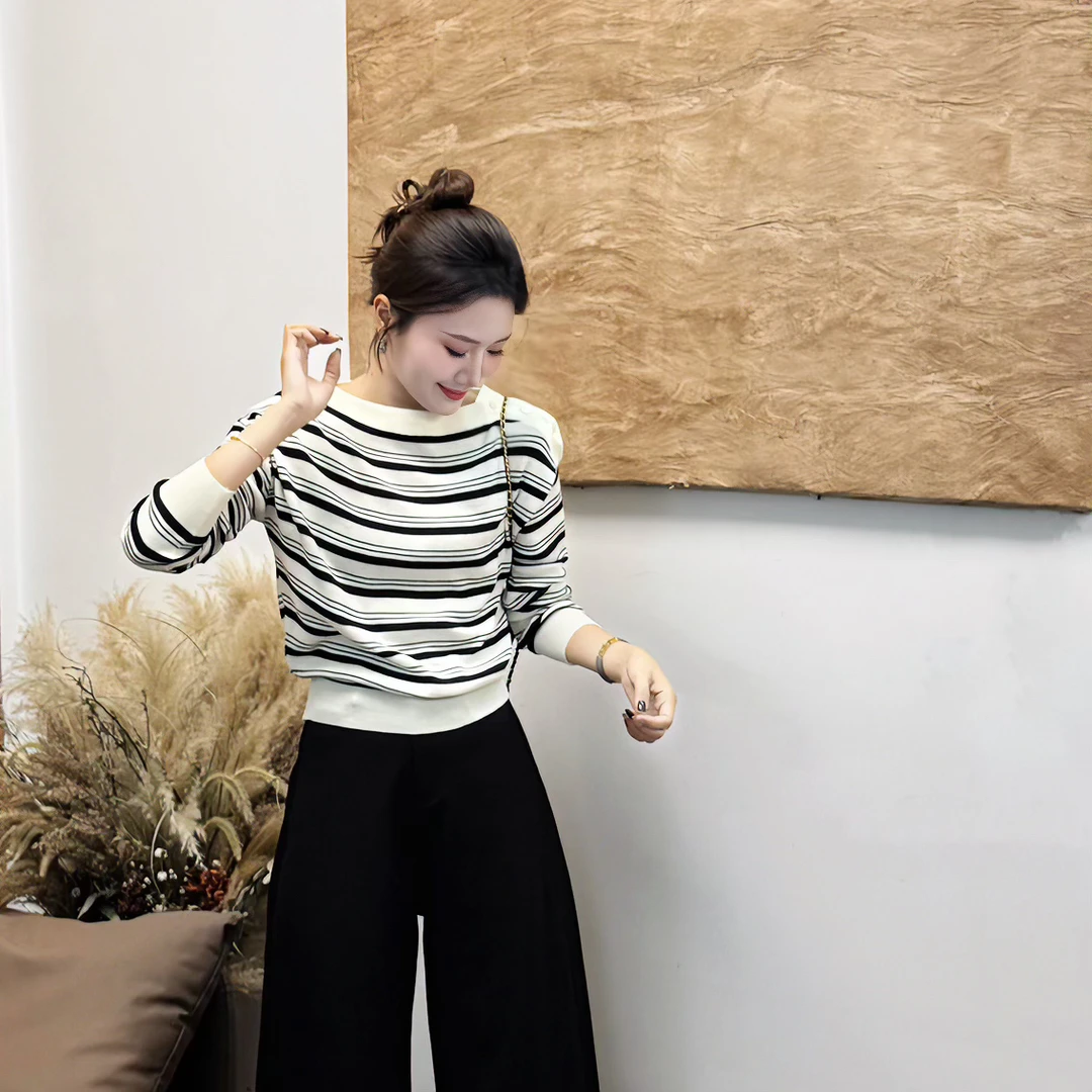 Sunshine【条纹概念】秋季舒适简约百搭可一字肩超舒服条纹针织上衣
