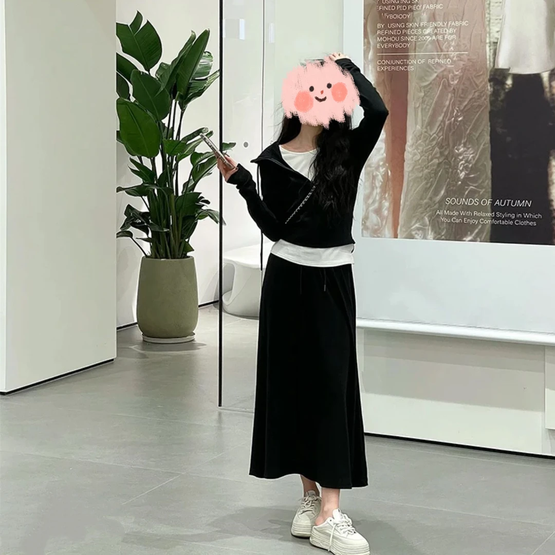春秋显瘦【素颜套装】气质休闲收腰连帽卫衣半身裙套装女