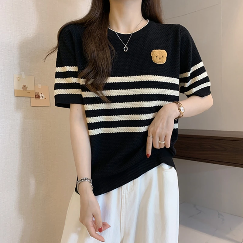 夏季新款洋气减龄条纹冰丝打底衫女百搭外穿遮肚子显瘦短袖t恤