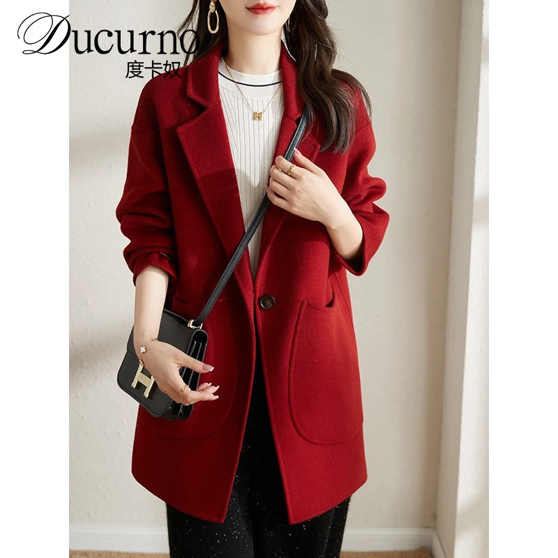 优雅西装领羊毛绒外套女2025秋冬新款高端流行双面呢中长大衣宽松