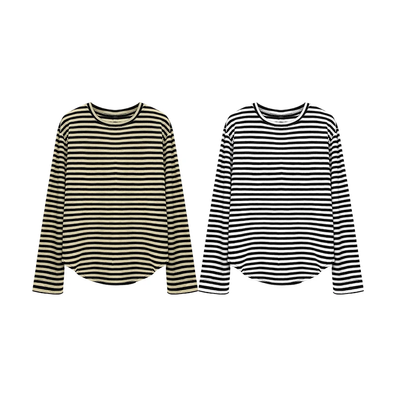 【橙庐】827002原创羊毛混纺条纹圆领针织打底衫 春秋女款显瘦宽松