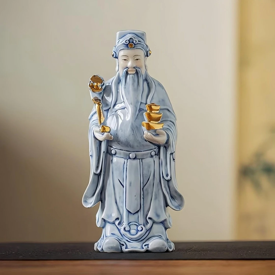 如意财神 景德镇陶瓷摆件 手绘青花雕塑家用玄关禅意装饰乔迁礼物