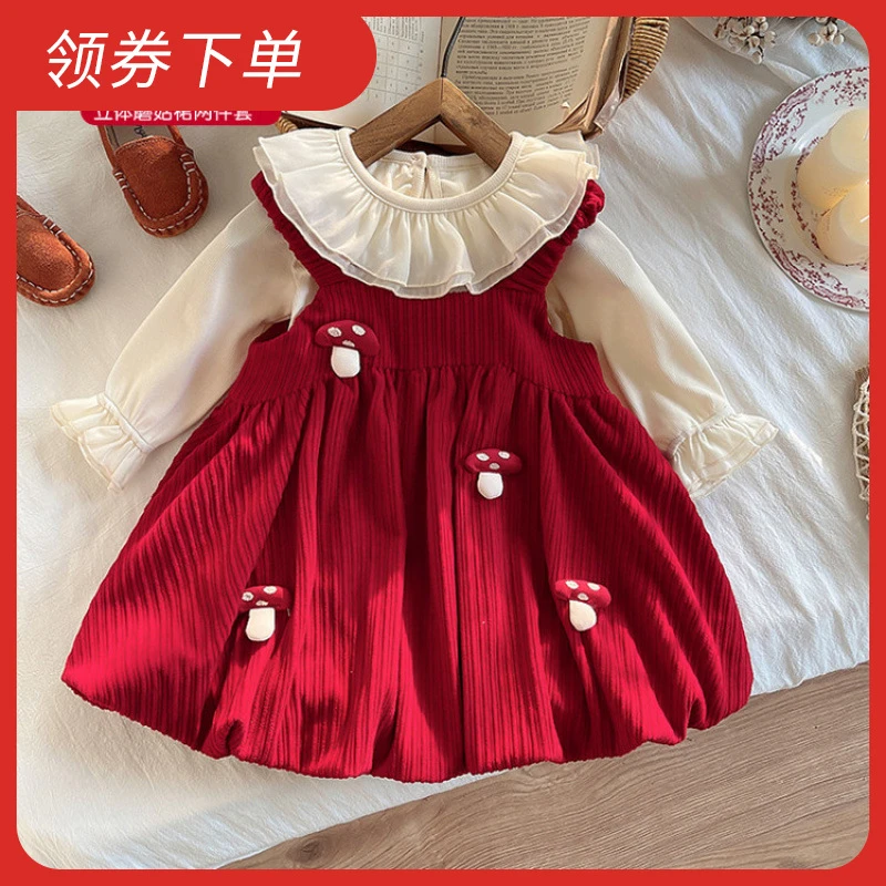 童装女童连衣裙秋装洋气儿童公主裙一周岁宝宝礼服红色抓周拜年服