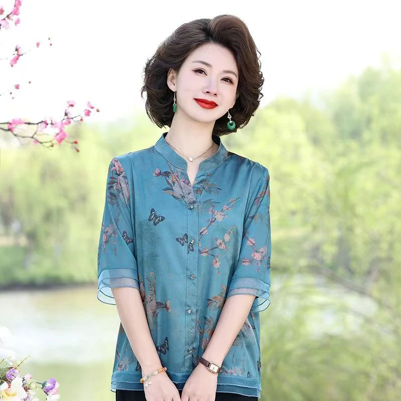 8990-夏季新款妈妈装短袖休闲印花立领中老年洋气上衣（B仓东）