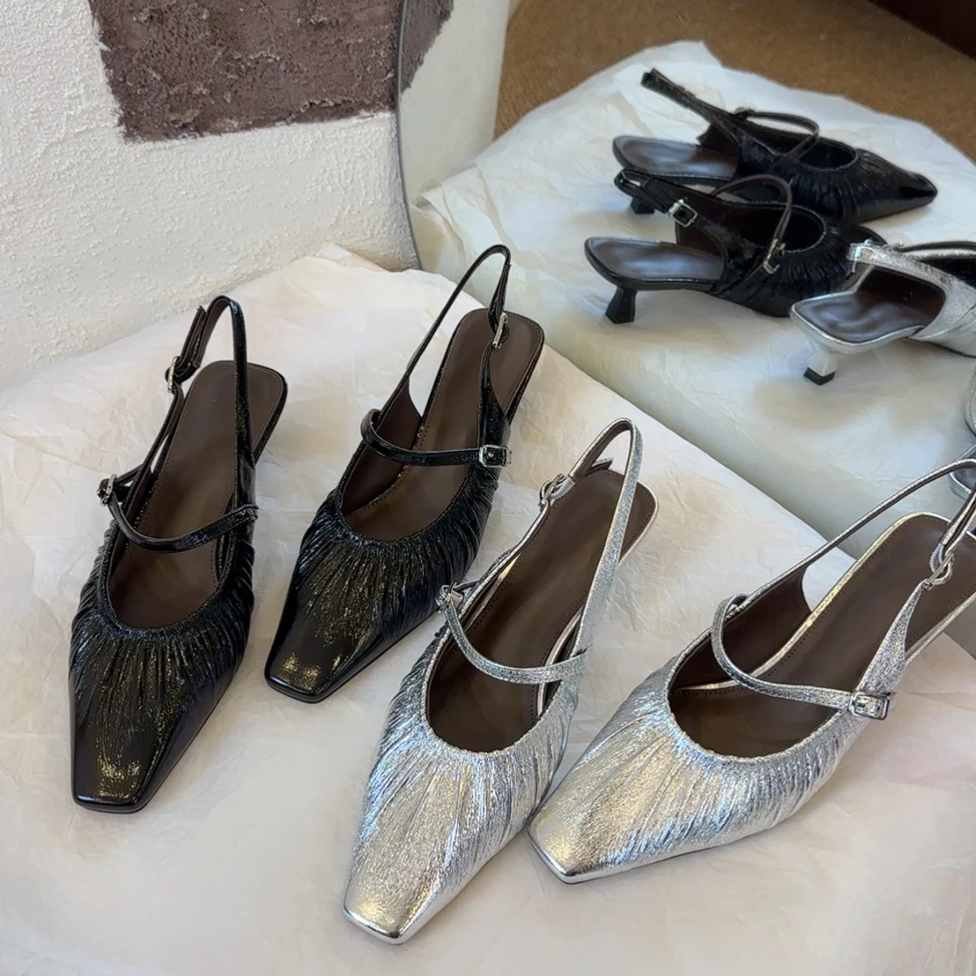 【王二今】羊皮/5CM/极简轻奢气质女人一字带后空细中跟小方头凉鞋