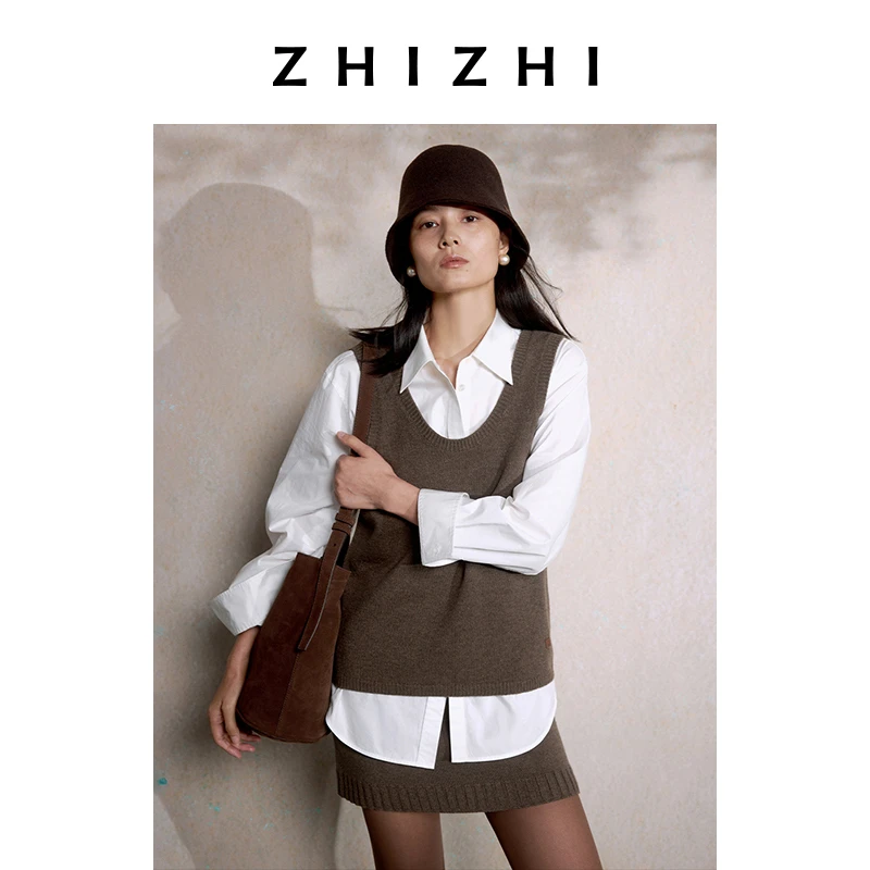 致知 宴山亭 全羊毛大U领背心马夹25年秋季新款简约ZZ2EAKDZ021