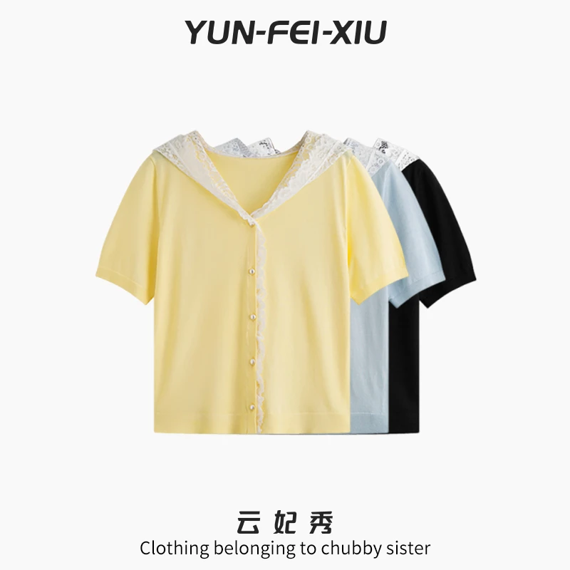 云妃秀大码女装针织衫宽松显瘦微胖蕾丝拼接连帽上衣夏季22956