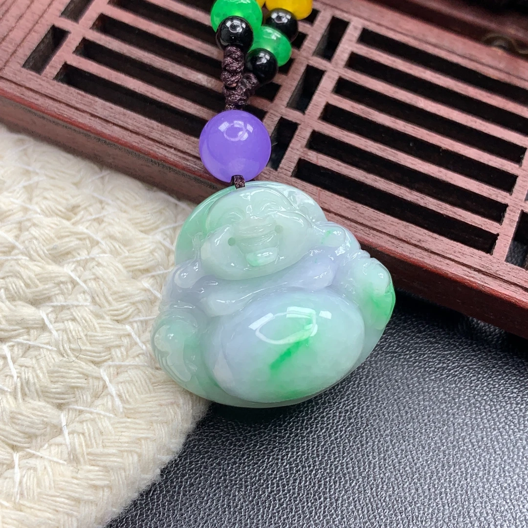 缅甸A货翡翠紫绿春彩多宝色佛公吊坠T卡24.7-27.4-12.3mm