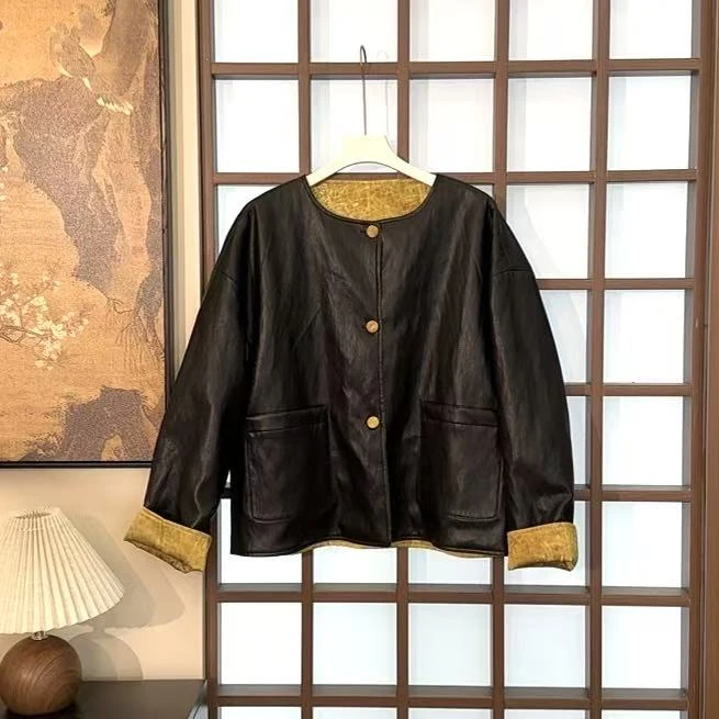 【金缕墨痕·新中式皮衣】中式古法手工小羊皮外套  YC11184