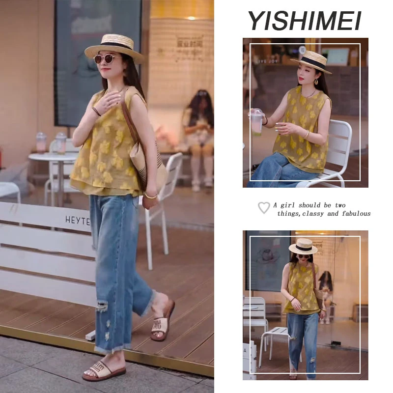 夏季穿搭一整套女2025新款复古无袖上衣百搭破洞裤子两件套