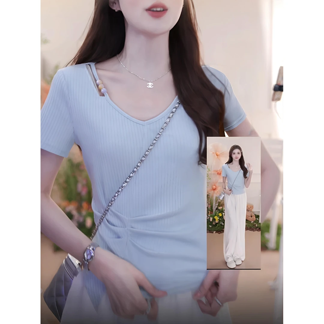 韩系纯色不规则褶皱串珠v领正肩短袖t恤女装夏季小众显瘦短款上衣