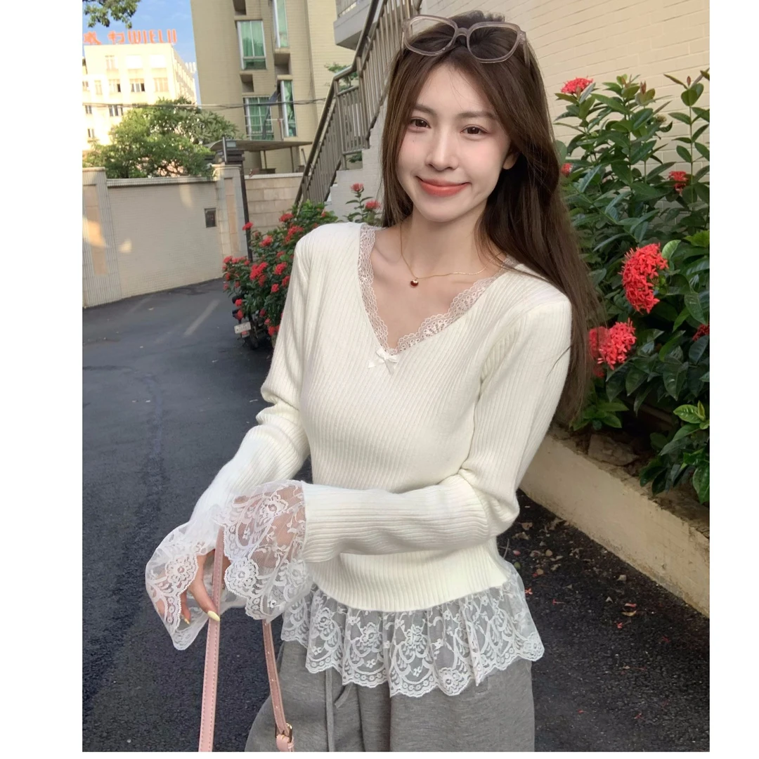 纯欲蝴蝶结蕾丝边V领长袖针织打底衫女秋季修身内搭毛衣早秋上衣