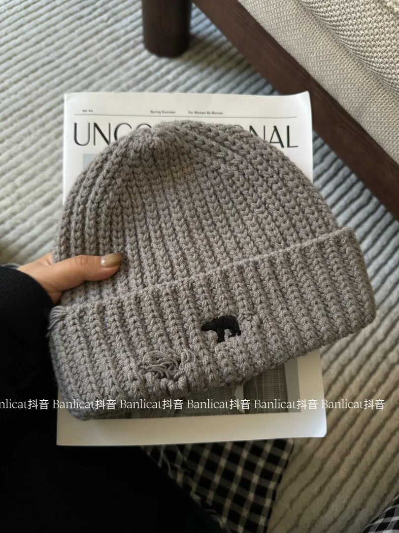 Banlicat2024秋冬新刺绣熊针织帽女保暖破洞毛线帽子男显脸小冷帽