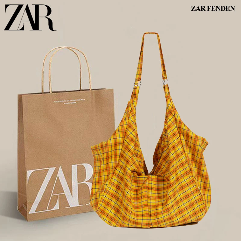 ZAR FENDEN慵懒风布袋托特包女2025新款格子纹大容量双肩包斜挎