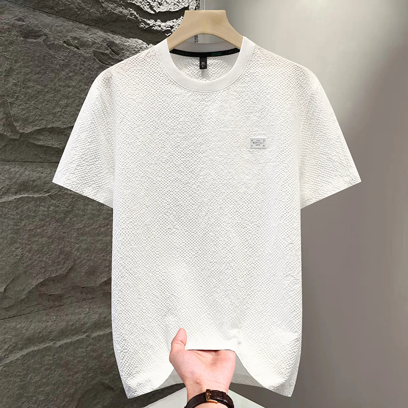 夏天中青年短袖简约冰丝T恤男士白色夏季流行大码上衣宽松休闲装