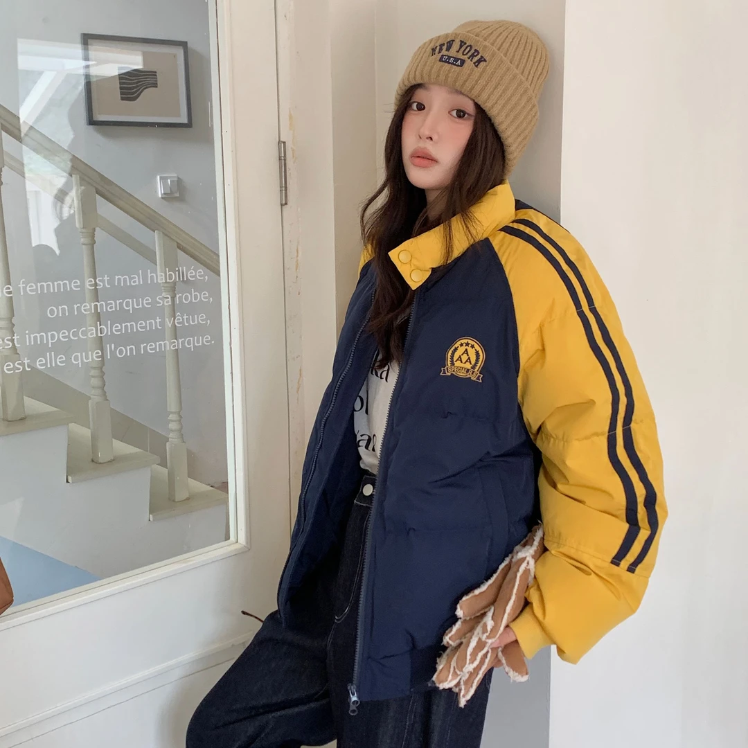 美式复古冬季新款甜美棉服拼接撞色面包服女宽松百搭棉袄上衣外套