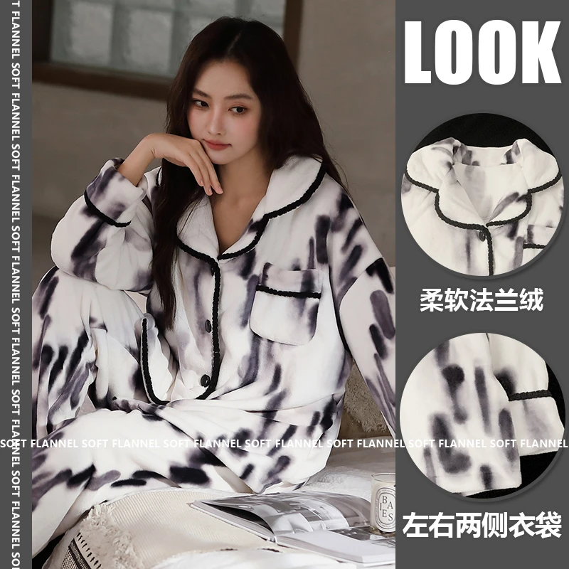 冬季睡衣女士法兰绒长袖高级感加厚加绒保暖套装爆款珊瑚绒家居服