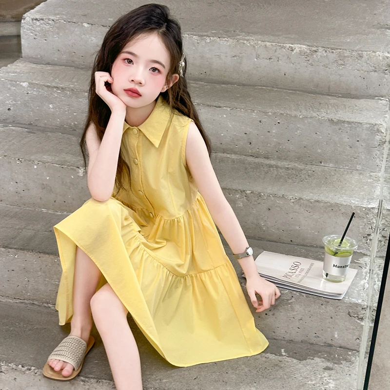 儿童装女童夏季裙子薄款连衣裙2025新款大童女孩夏款无袖衬衫领裙