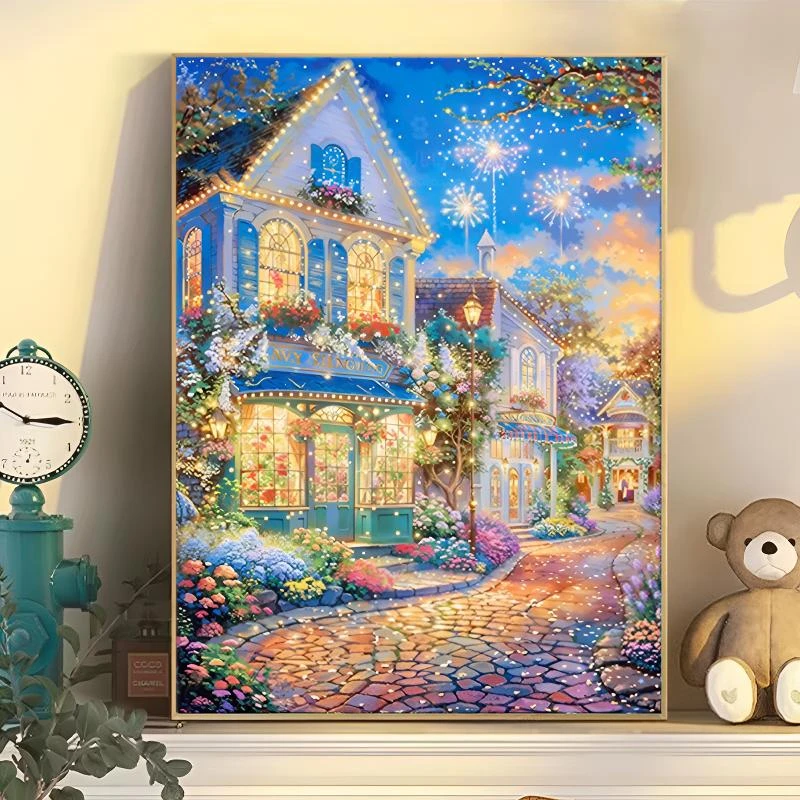 方钻高难度钻石画满钻烟花小镇2025新款卧室粘钻画手工点钻十字绣