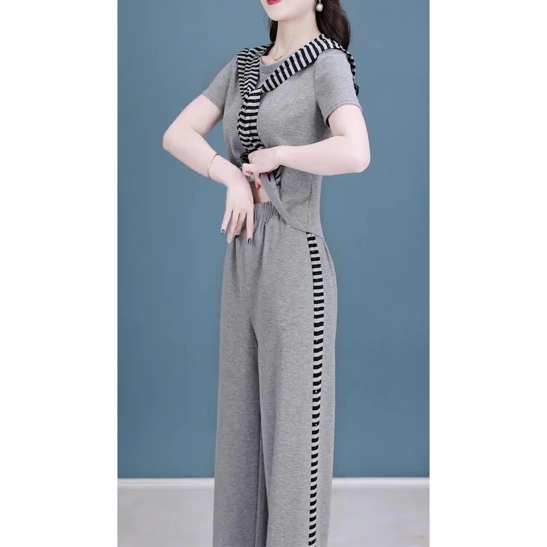 2025夏季新款洋气显瘦设计感短袖上衣+披肩+阔腿裤休闲三件套装女