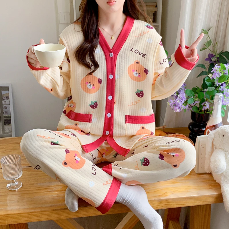 加厚空气棉月子服秋冬季9-12月份产妇产后哺乳孕妇喂奶睡衣两件套