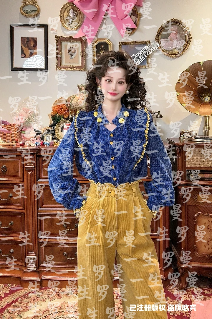 (现）一生罗曼【蓝色奇迹】加厚别致法式设计感撞色荷叶边衬衫Y4700