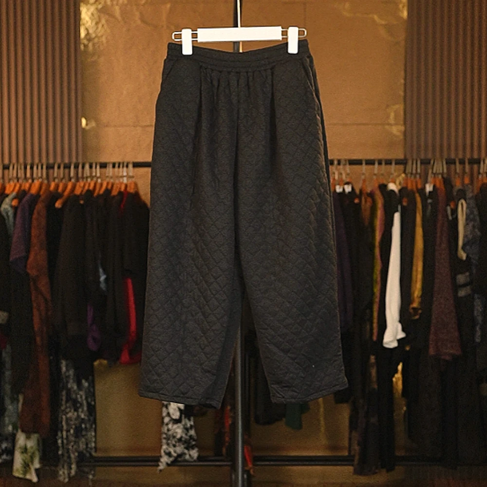087 老钱风菱形黑裤百搭加厚复古松紧腰显瘦时尚夹棉宽松长款裤