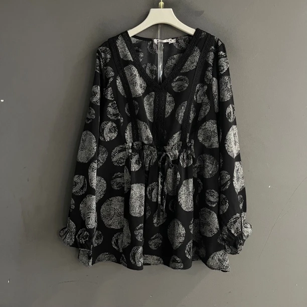 圆领宽松长袖时尚复古薄款抽绳印花衬衫