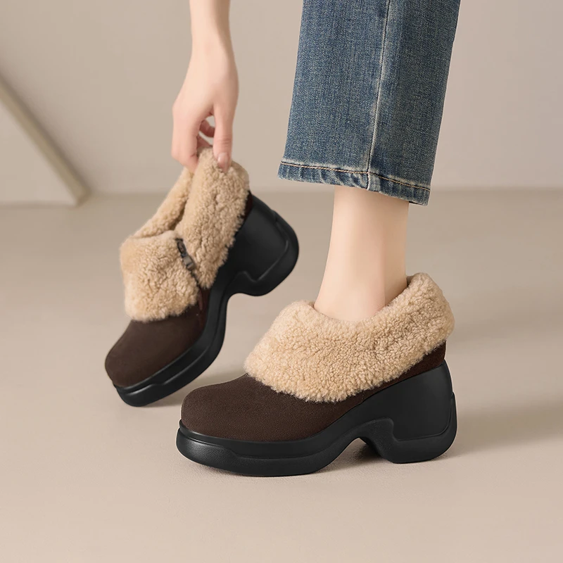 女士气质圆头高跟时装靴女粗跟欧美加绒保暖不累脚百搭短筒靴厚底