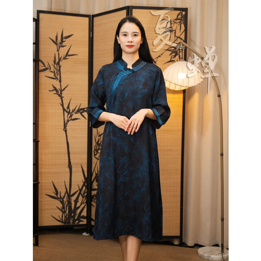 【夏蝉】莨丝阁新款气质盘扣新中式国风立领提花连衣裙