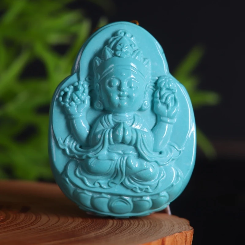 绿松石绿度母吊坠天然原矿精工雕刻手工精雕蓝绿色项链脖挂