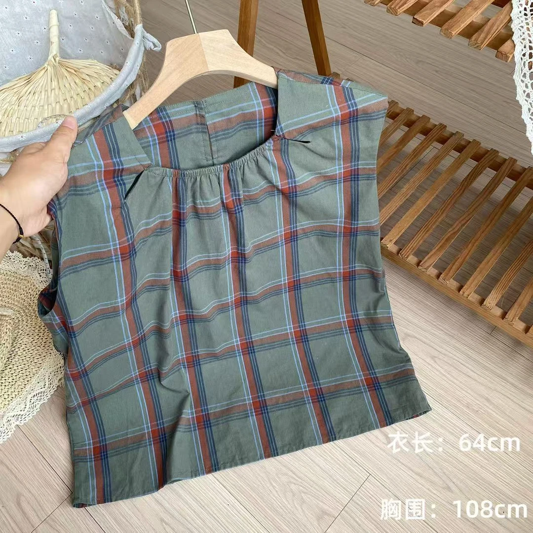 小柒家Y484-无袖夏季印染格子条纹衬衫格纹上衣