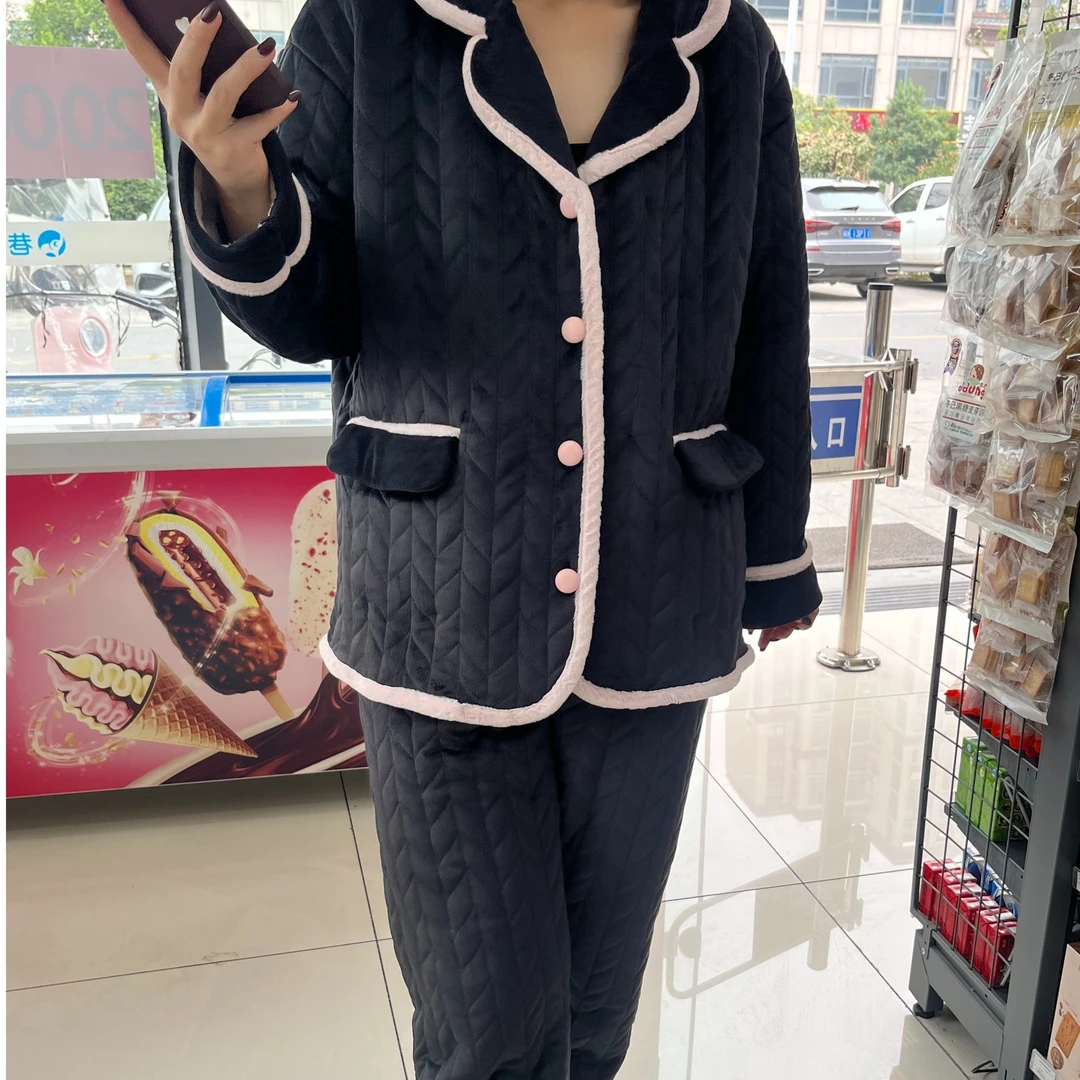 原创 西装领三层夹棉加绒外穿家居服套装睡衣