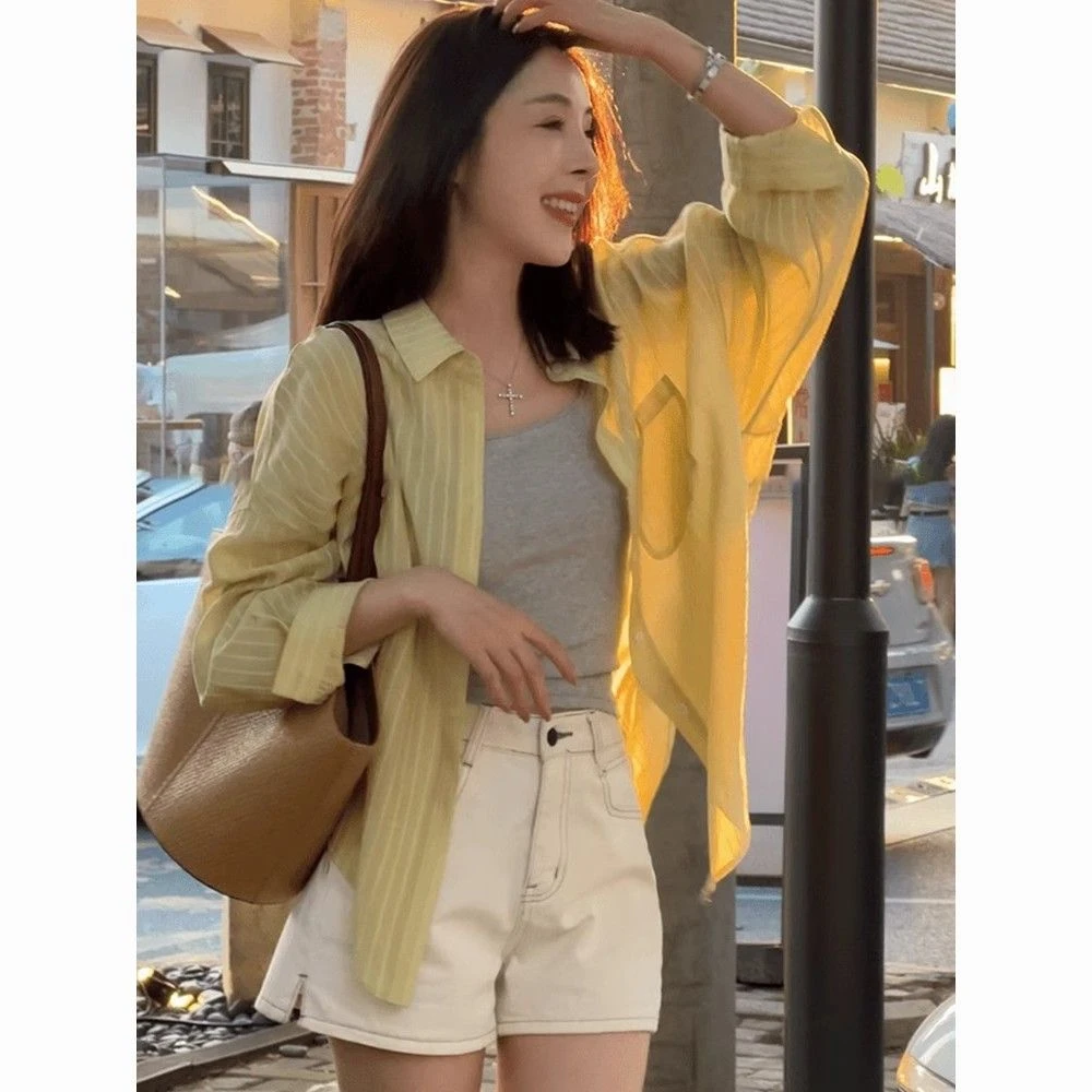 防晒衬衫女夏季天丝条纹衬衣新款外穿薄款外套法式高级感宽松上衣