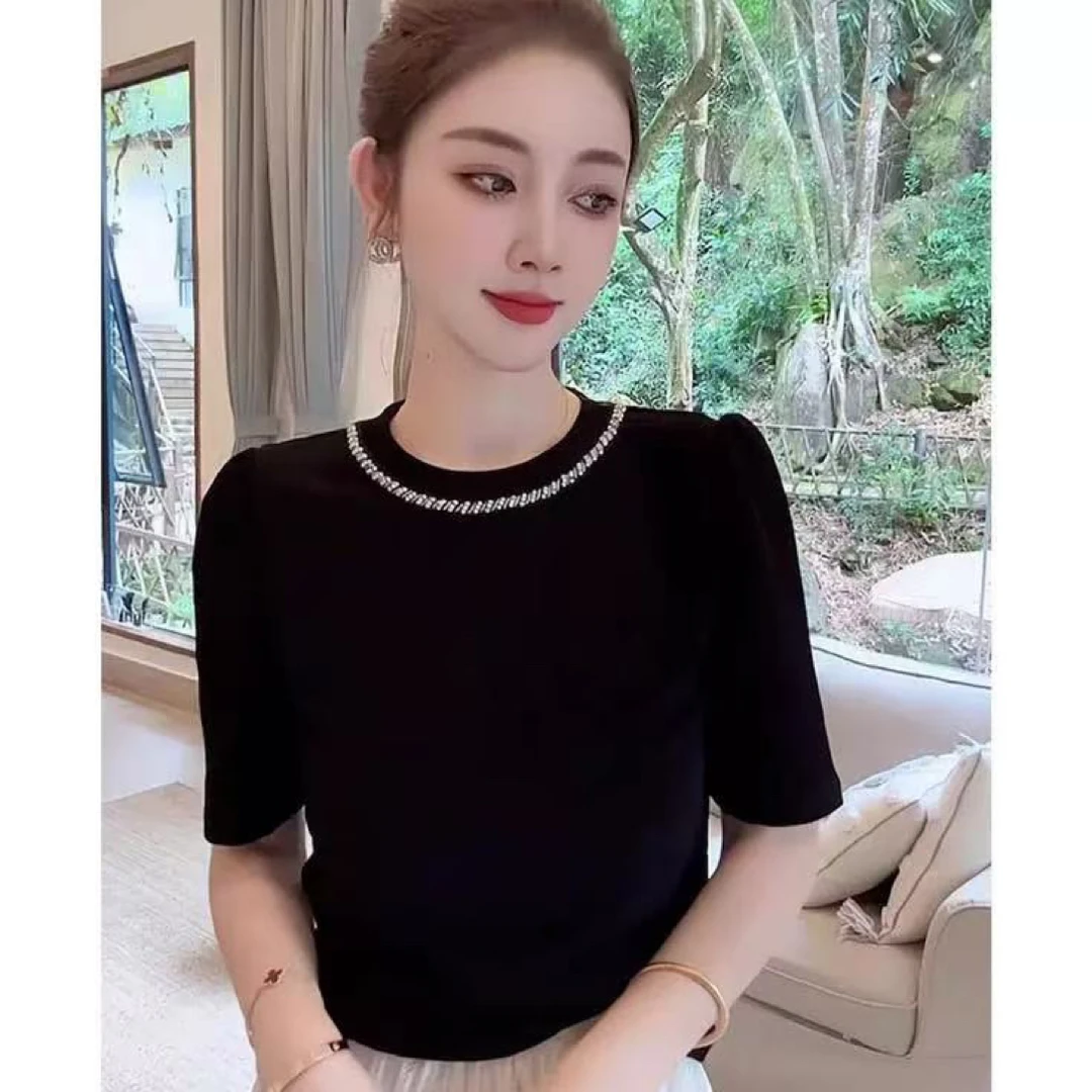 D50500夏季新款时尚百搭钉珠圆领短袖显瘦宽松遮肉
