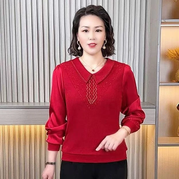 春季新款中老年女装时尚妈妈装大码翻领气质上衣针织长袖显瘦洋气