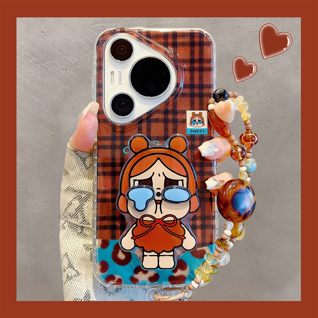 适用华为pura70pro+手机壳复古风豹纹格纹拼接pura80pro卡通哭娃