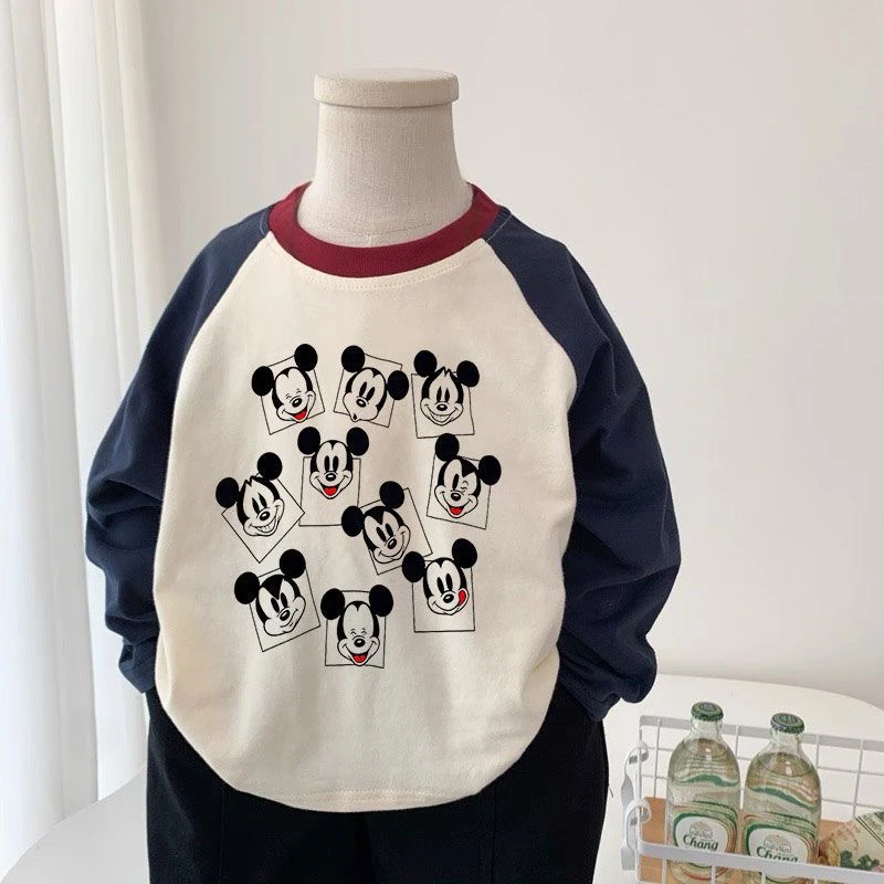 纯棉儿童新款卡通米奇休闲长袖T恤男童女童宝宝春秋打底上衣