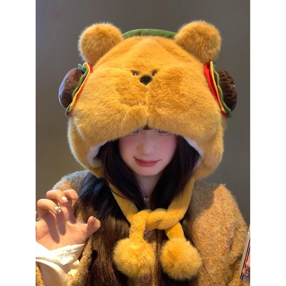 可爱汉堡小熊毛绒帽子女秋冬加绒加厚保暖大头围显脸小护耳雷锋帽