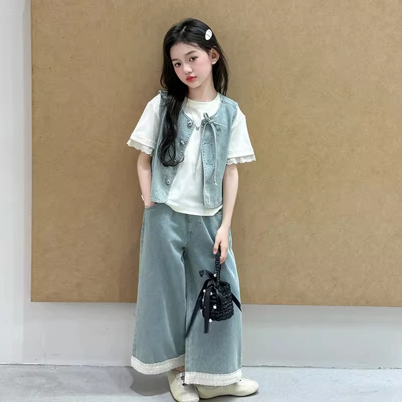 女大童牛仔马甲套装2025夏季新款女孩洋气时髦花边阔腿裤三件套潮